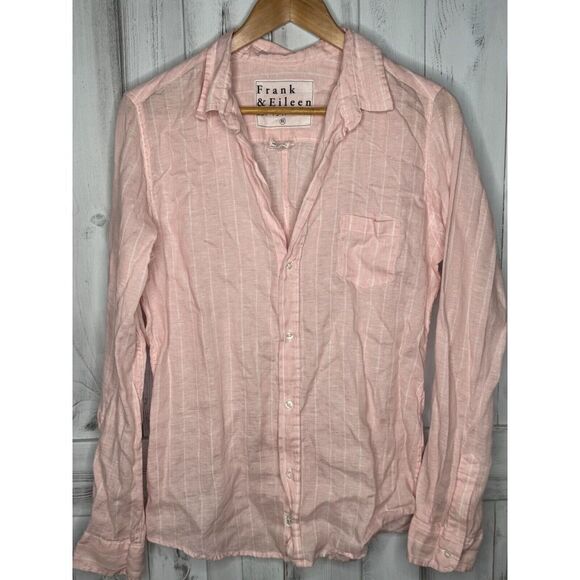 WOMENS FRANK & EILEEN BARRY 100% LINEN PINK WHITE STRIPED BUTTON UP SHIRT XL - Picture 1 of 12
